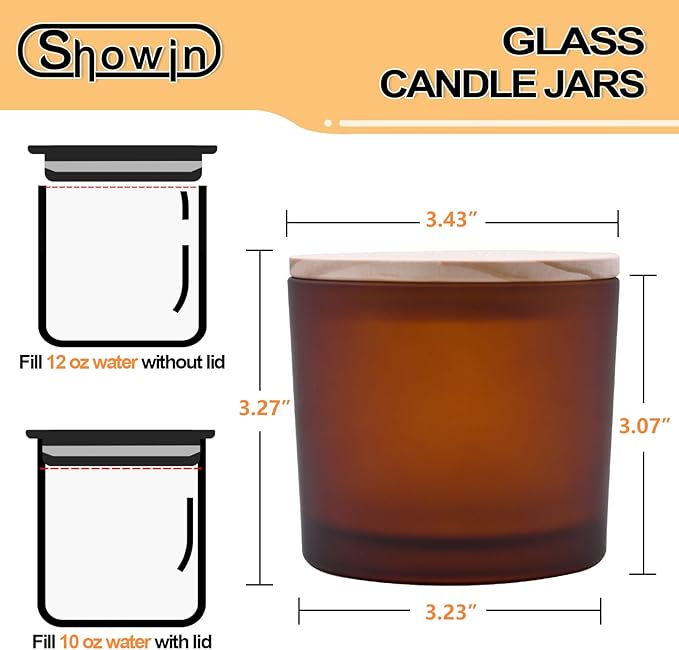12 OZ Thick Candle Jars for Making Candles 12 Pcs, Empty Amber Jars with Wood Lids for Spice Jars, Sample Container, Frosted Brown
