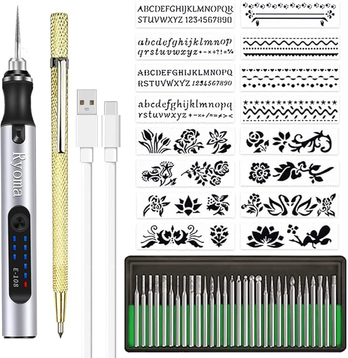 Rechargeable cordless Electric Micro Engraver Pen Mini DIY Engraving Tool Kit for Metal Glass Ceramic Plastic Wood Jewelry with 30 Bits and 16 Stencils and 1 Scriber Pen (silver)