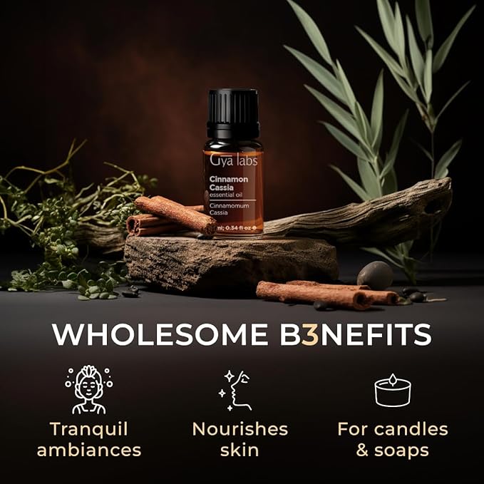 Gya Labs Cinnamon Cassia Essential Oil - 0.34 Fl Oz - for Hair, Skin, Diffuser, Aromatherapy & DIY Candle Making Scent