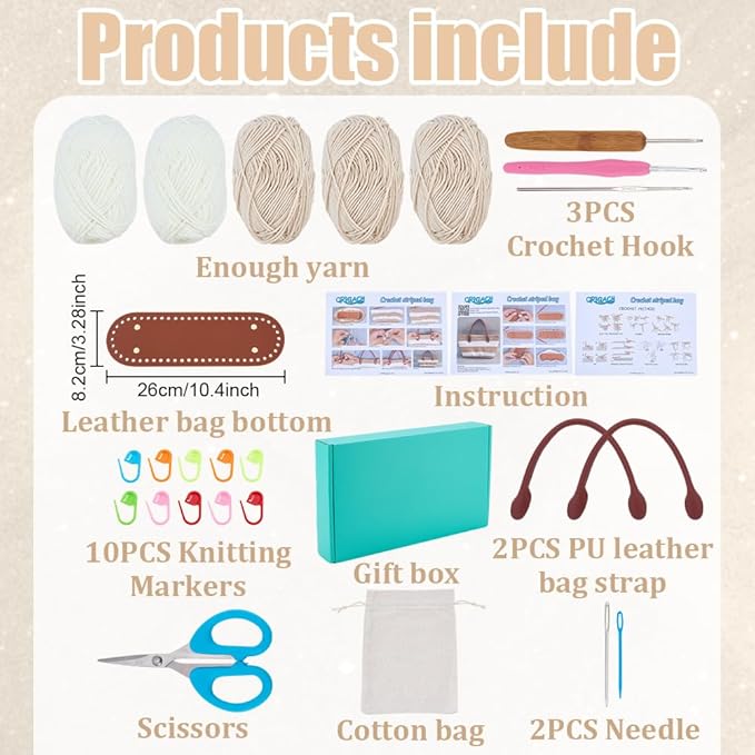 ORIGACH DIY Crochet Handbag Kit for Beginners, Beige Striped Crochet Bag with PU Leather Band and Base, Include Yarn, Crochet Hooks, Markers and Instruction