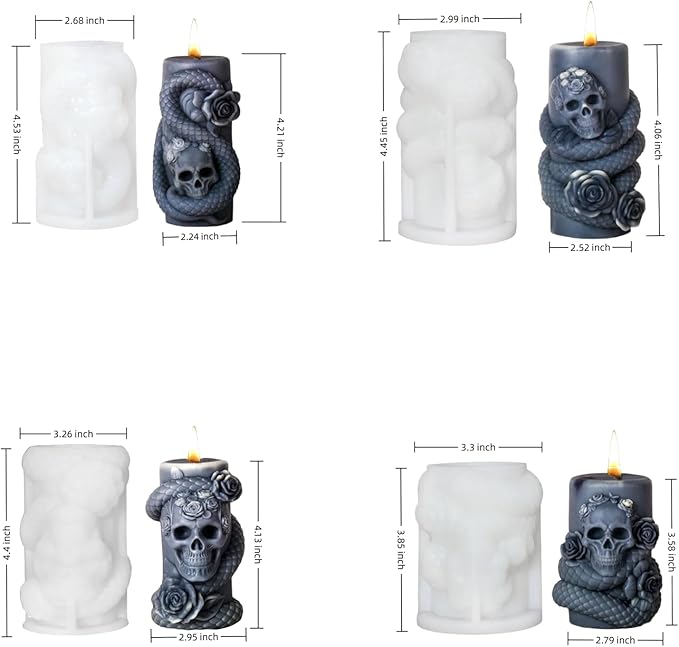 Snake Skull Silicone Mold, Cylinder Candle Mold with Coiling Snake for Halloween Candle Making, Resin, Clay Craft, Aromatherapy Gypsum, Home Decor (Snake and Skull 4-Piece Set)