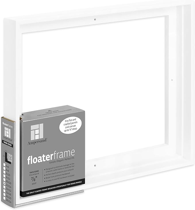 Ampersand Art Supply Floaterframe Readymade Frame for Flat and 7/8" Deep Wood Panel and Canvas Artwork, Paintings, Prints, and More, 11"x14", White Thin