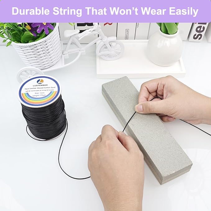 1mm Faux Leather Waxed Cotton Cord, 175 Yards – Durable Necklace String, Soft and Textured Cord for Necklaces, Bracelets, and Jewelry Making