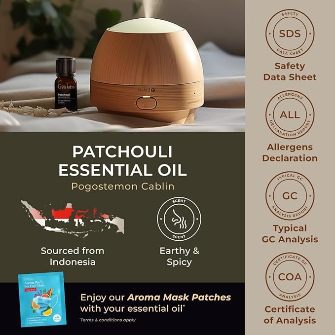Gya Labs Patchouli Essential Oil - 0.34 Fl Oz - for Hair, Skin, Diffuser, Aromatherapy & DIY Candle Making Scent
