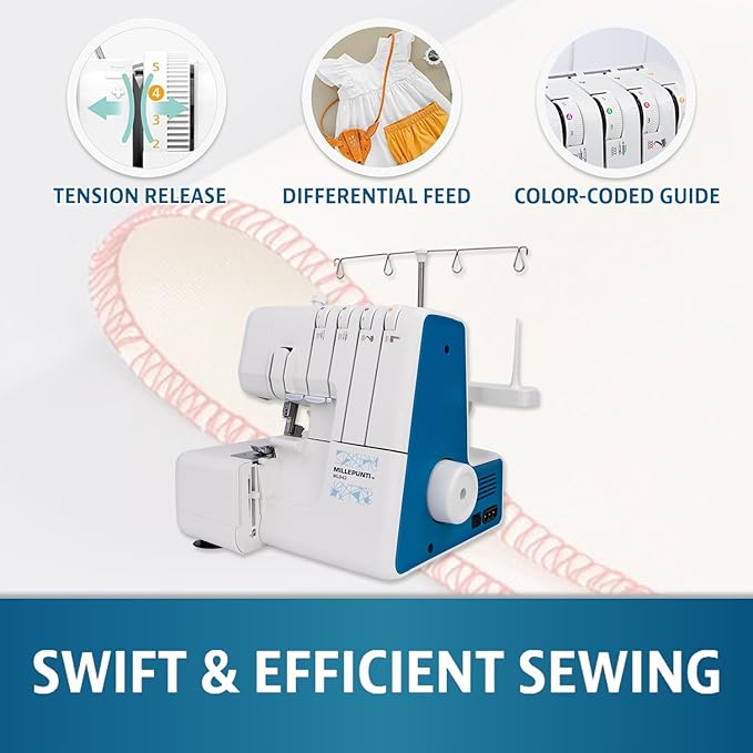 MILLEPUNTI MLD42 Metal Frame Serger Overlock 1300 Stitches/Minute, 2-3-4 Stitch Capability, 12 Built-In Stitches, Serger Sewing Machine with Accessory Kit & Adjustable Differential Feed