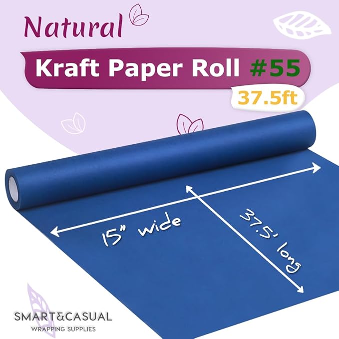 SMART&CASUAL 15" x 450" (37.5') Kraft Paper Roll for Art Craft Supplies Gift Wrapping Moving Packing Kids Painting Drawing Paint Easel Poster Chart Paper (Blue, 15" W x 450" L (37.5'))