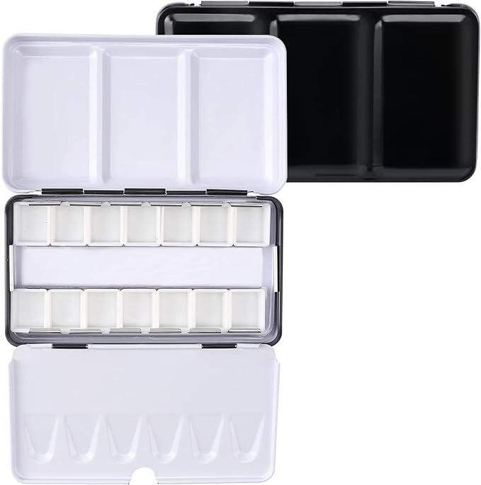 LOONENG Metal Watercolor Tin with Fold-Out Palette, Small Tray Palette with 14 Empty Half Pans for Plein Air, Acrylic and Oil Painting