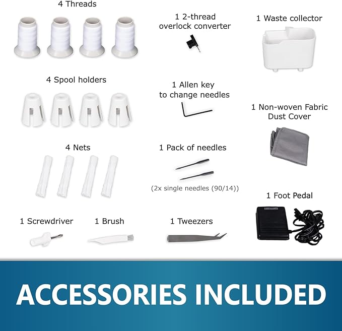 MILLEPUNTI MLD42 Metal Frame Serger Overlock 1300 Stitches/Minute, 2-3-4 Stitch Capability, 12 Built-In Stitches, Serger Sewing Machine with Accessory Kit & Adjustable Differential Feed