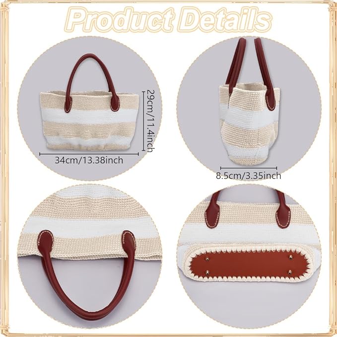 ORIGACH DIY Crochet Handbag Kit for Beginners, Beige Striped Crochet Bag with PU Leather Band and Base, Include Yarn, Crochet Hooks, Markers and Instruction