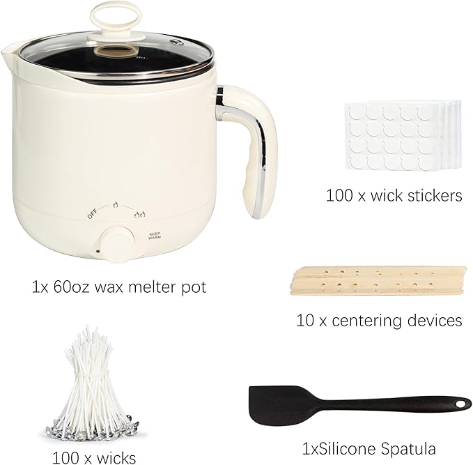 Aroparc Wax Melter for Candle Making Large 1.8L/60oz Electric Wax Melting Pot with Pouring Spout, Non-Stick Easy to Clean & Keep Warm - Wicks, Wick Stickers, Centering Tools, Spoon