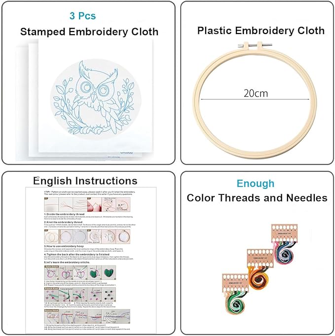 Konrisa Owl Embroidery Kit for Beginners Adult, Embroidery Starter Kit with Cloth Hoops Threads DIY Sewing for Craft Lover Hand Stitch Needlepoint Kits