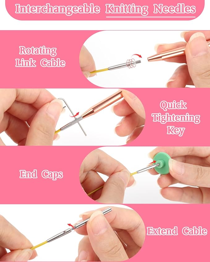 Coopay Interchangeable Aluminum Circular Knitting Needles, 13 Sizes (3mm-10mm), Rose-Gold, Complete Set with Case, Ideal for Beginners & Professionals