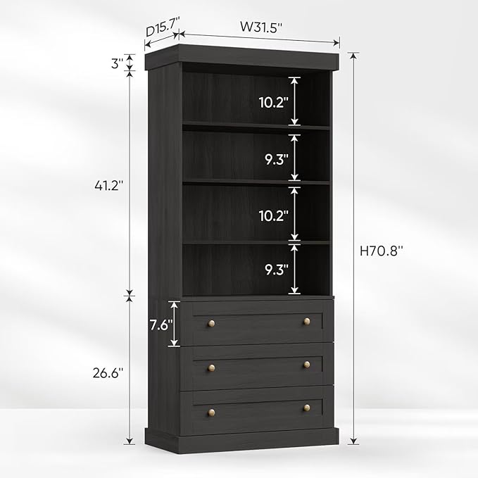 Vyre 71" Tall Farmhouse Bookshelves with Drawers, Large Modular Bookcase with Adjustable Shelves, Storage Cabinet for Living Room, Kitchen, Home Office, Black