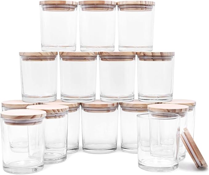 Thick Candle Jars for Making Candles 16 Pcs, 7 OZ Empty Jars with Wood Lids for Candle Making, Sample Container, Clear