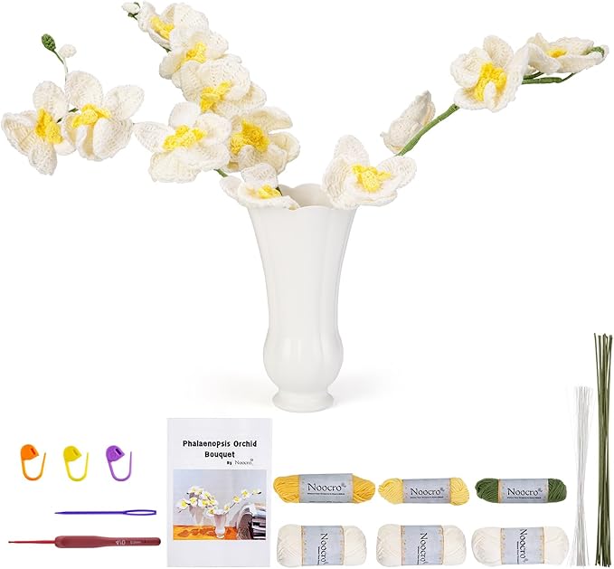 Noocro Crochet Kit Flower Bouquet, Rose, Lily Myosotis, Poppy, Tulip and Orchid with Video Tutorial and Detailed Instructions, Complete Kit Craft Supplies Holiday Gift (Orchid)