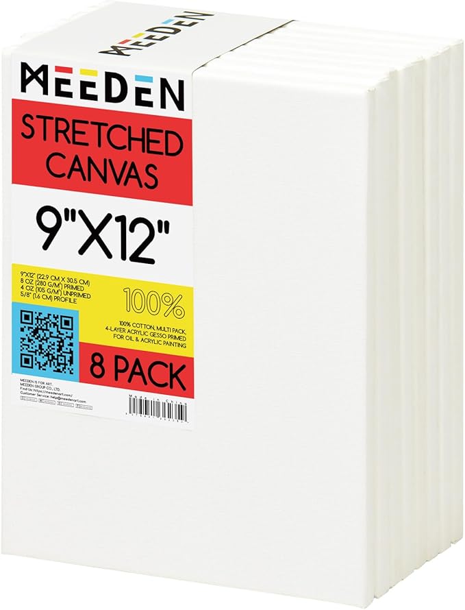 MEEDEN Stretched Canvas, 9 × 12 Inch, Pack of 8, Blank White Canvases for Painting, 100% Cotton, 10 oz Gesso-Primed, Pre-Stretched Canvas for Acrylic Oil Pouring & Airbrushing Painting