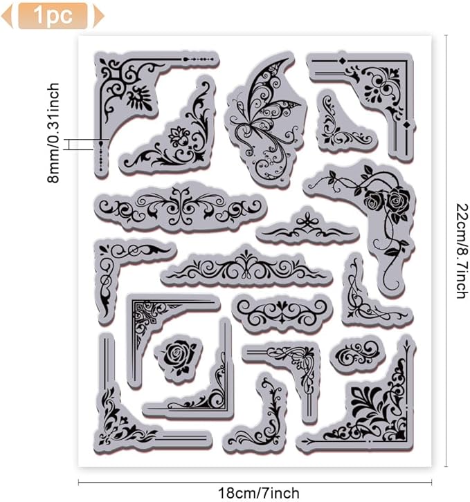 GLOBLELAND Retro Flower Corner Cling Rubber Stamp 8.7"x7" Vintage Butterfly Corner EVA Stamps Embossing Stamp Seal Rubber Stamps for DIY Scrapbooking and Card Making Paper Craft Decor