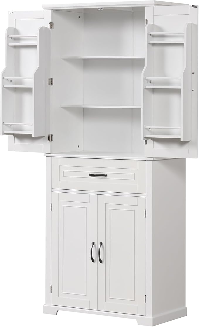 72.2" Storage Cabinet with Doors and Drawers, Tall and Wide Kicthen Pantry Cupboard Home Display Organizer with Door Shelf Rack for Bathroom, Adjustable Shelf, White