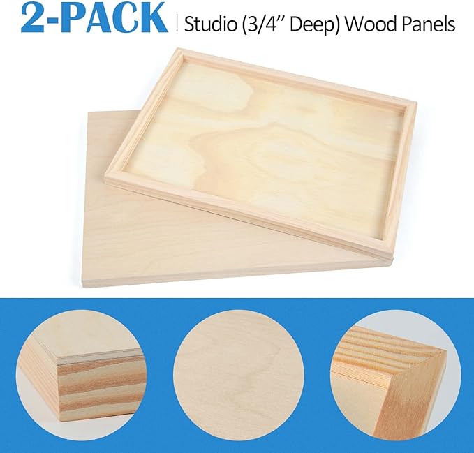 Falling in Art Unfinished Birch Wood Panels Kit for Painting, Wooden Canvas 2 Pack of 12x18 Studio 3/4" Deep, Cradle Boards for Pouring, Art, Crafts, Burning and More