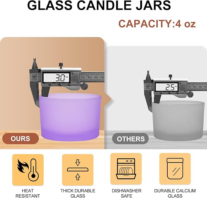 SHOWIN Thick Candle Jars for Making Candles 16 Pcs, 4 OZ Empty Jars with Wood Lids for Candle Making, Sample Container - Dishwasher Safe, Frosted Purple