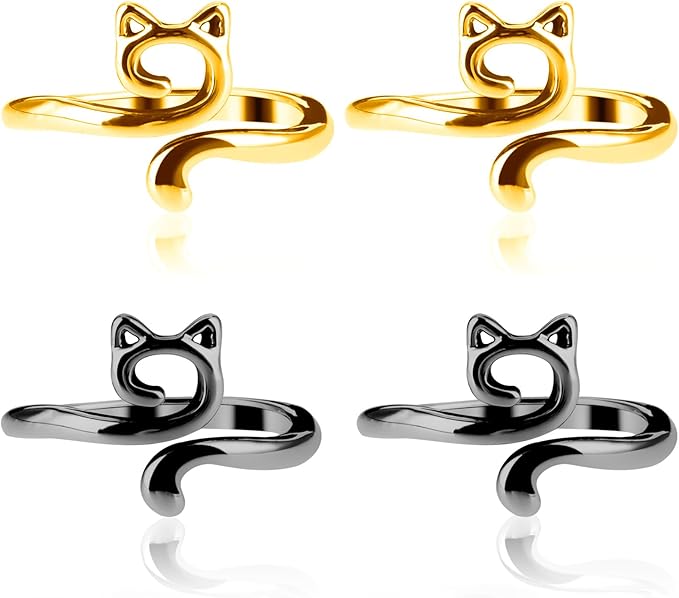 YUXIANLB 4pcs Adjustable Crochet Tension Ring for Finger, Cat Shape Metal Open Guide Tension Ring for Crocheting, Crochet Loop Rings Braided Faster Knitting Thimbles Supplies for Women (2Black, 2Gold)