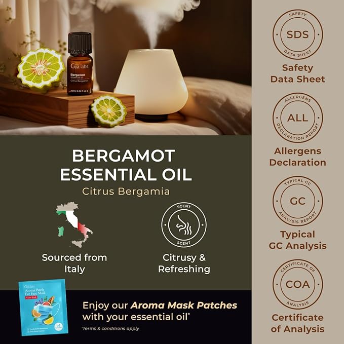 Gya Labs Bergamot Essential Oil - 0.34 Fl Oz - for Hair, Skin, Diffuser, Aromatherapy & DIY Candle Making Scent