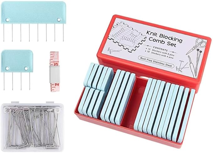 Mevome 25pcs Knit Blocking Pins Kit, White Blockers Combs 100 T-pins & Ruler for Knitting Crochet Projects Lace Needlework Block Tool for Blocking Mats Boards Accessories Device (Blue)
