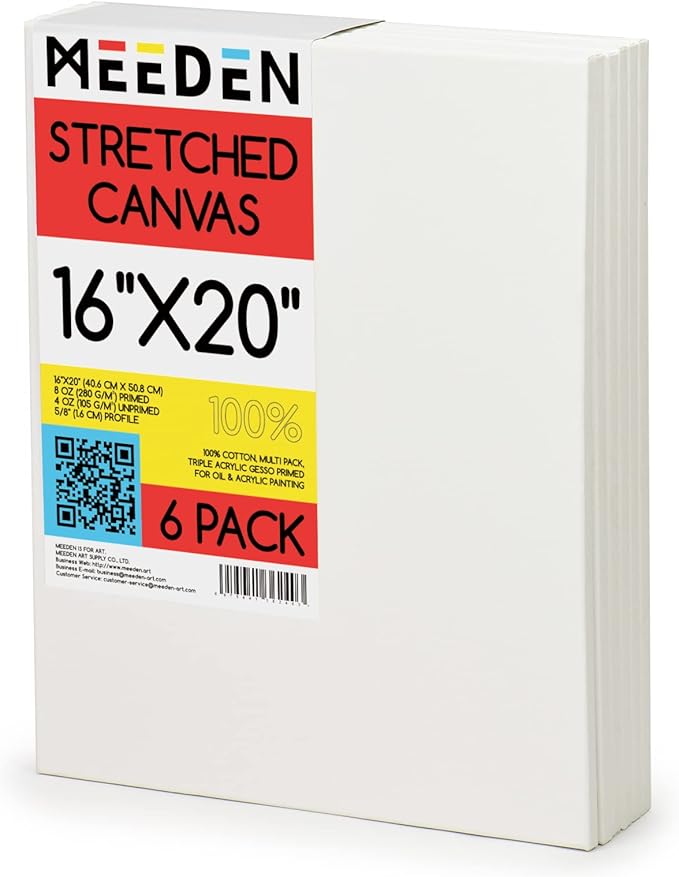 MEEDEN Stretched Canvas, 16 × 20 Inch, Pack of 6, Blank White Canvases for Painting, 100% Cotton, 8 oz Gesso-Primed, Pre-Stretched Canvas for Acrylic Oil Pouring & Airbrushing Painting