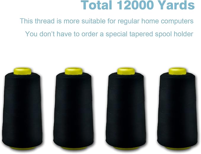 Black Serger Thread, All-Purpose Thread for Sewing, Polyester, 4 Cones of 3000 Yards Each Spool for Sewing Machine