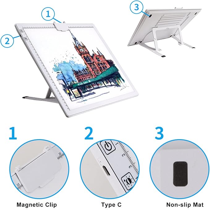 A3 Rechargeable Light Pad, TOHETO 2500mAh Battery Powered Light Board with Stand Top Magnetic Clip 3 Colors Stepless Dimmable 6 Levels Brightness Light Box for Diamond Painting Weeding Vinyl (White)
