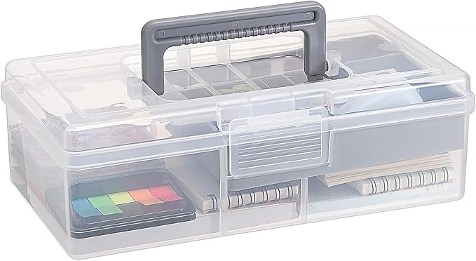 JUXYES Plastic Carry Storage Box with Removable Dividers, Clear Art Craft Supply Storage Bin Sewing Box With Handle Lid, 2 Layers Stationery Storage Case for School/Office Supplies