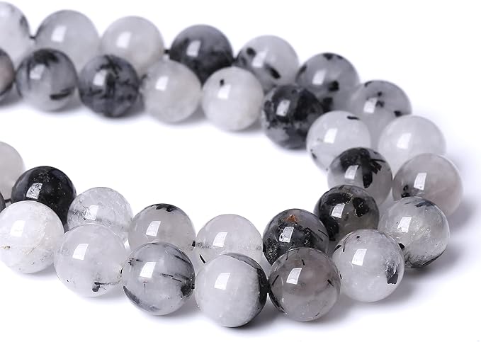 8MM 45PCS Natural Crystal Stone Black Rutile Quartz Gemstone 2A Grade Loose Beads for Jewelry Making DIY Bracelet Necklace Semi Precious Beads 1 Strand