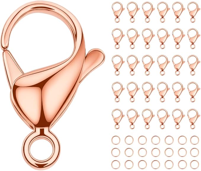 Mandala Crafts 11mm Rose Gold Color Stainless Steel Lobster Clasps for Jewelry Making - 50 PCs SS Lobster Claw Clasps with Jump Rings Jewelry Findings Kit for Necklaces Bracelets Charms Fasteners
