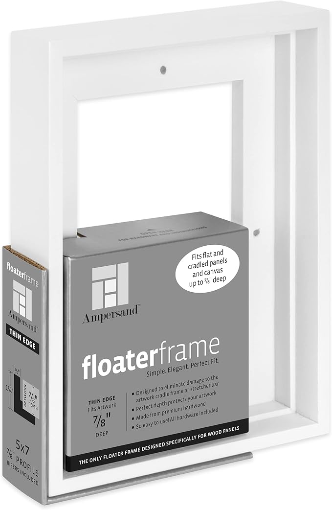 Ampersand Art Supply Floaterframe Readymade Frame for Flat and 7/8" Deep Wood Panel and Canvas Artwork, Paintings, Prints, and More, 5"x7", White Thin