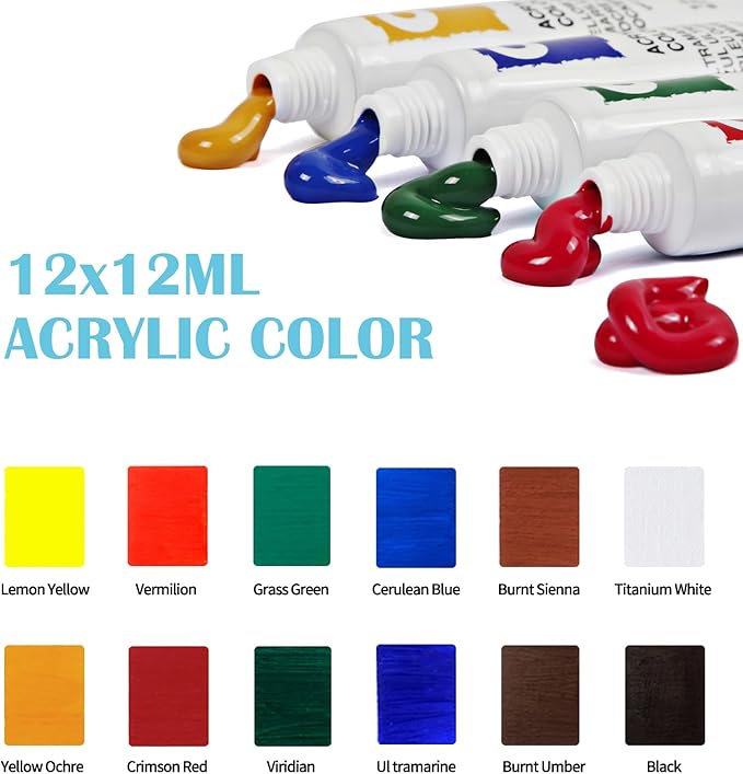 Falling in Art Tabletop Easel Set, Portable Wooden Art Easel Painting Kits for Kids, Easel for Painting Canvases, Including 12 Colors Acrylic Paints, 10 Paintbrushes and 4 Canvas Panels, Yellow