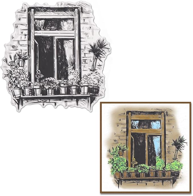 Spring Window Flowers Background Clear Stamps for Card Making and Journaling, Windowsill Floral Leaves Rubber Stamps Balcony Home Stamps for Scrapbooking DIY Cards Album Crafts Supplies