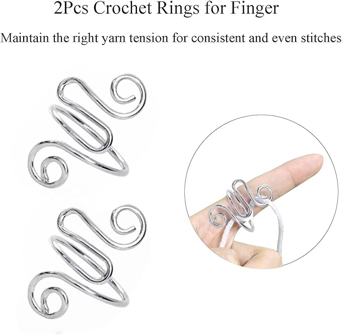 2Pcs Crochet Rings for Finger, Adjustable Open Yarn Guide Crochet Tension Ring for Crocheting Knitting Accessories Supplies Metal Yarn Tension Loop Ring for Finger (Silver)