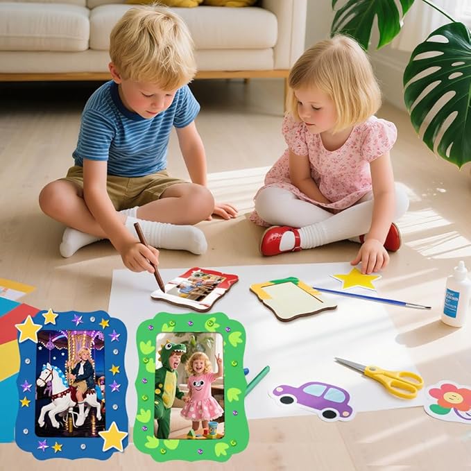 Ukontagood 30 Pack Wooden Picture Frames for Crafts, 4''×6'' Picture Frame Painting Craft Kit Includes 16 Sheets Diamond Stickers, 12 Colors Pens & Brushes, and Paints for DIY Crafts