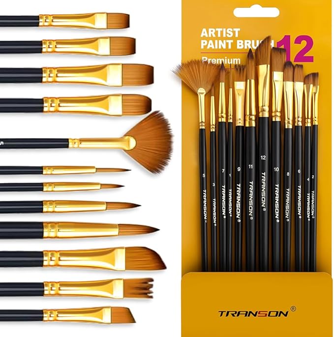 Transon Art Painting Brush Assorted Set of 12 for Acrylic Watercolor Gouache Hobby Painting