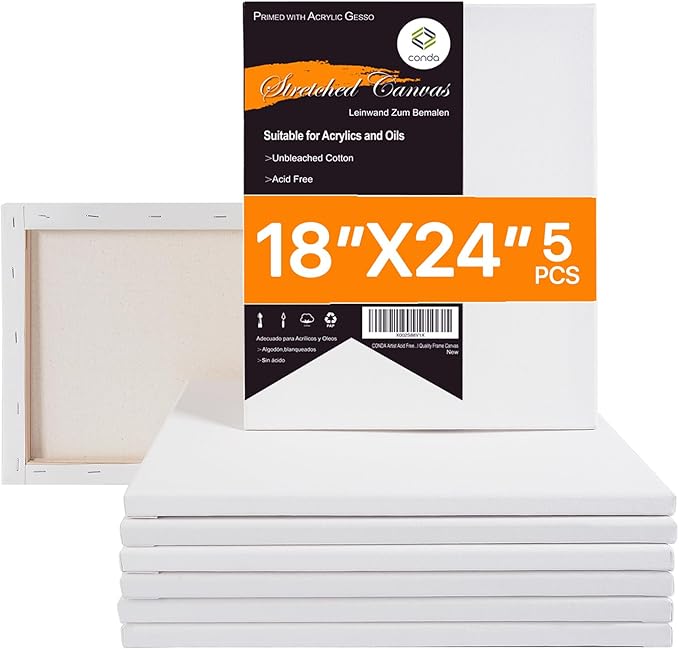 CONDA 18x24 inch Stretched Canvas for Painting, 5 Pack Large Canvas, 100% Cotton, 5/8 Inch Profile Big Stretched Canvas Value Bulk Pack for Acrylics, Oils Painting