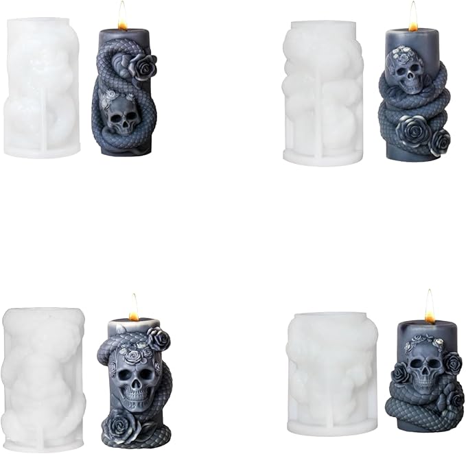 Snake Skull Silicone Mold, Cylinder Candle Mold with Coiling Snake for Halloween Candle Making, Resin, Clay Craft, Aromatherapy Gypsum, Home Decor (Snake and Skull 4-Piece Set)