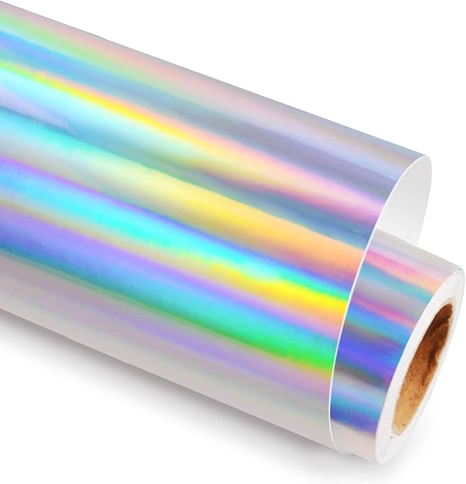 GIRAFVINYL Sliver Holographic Permanent Vinyl 12" X 6FT Glossy Silver Iridescent Vinyl Permanent for DIY Home and Car, Sign, Windows Christmas Decor