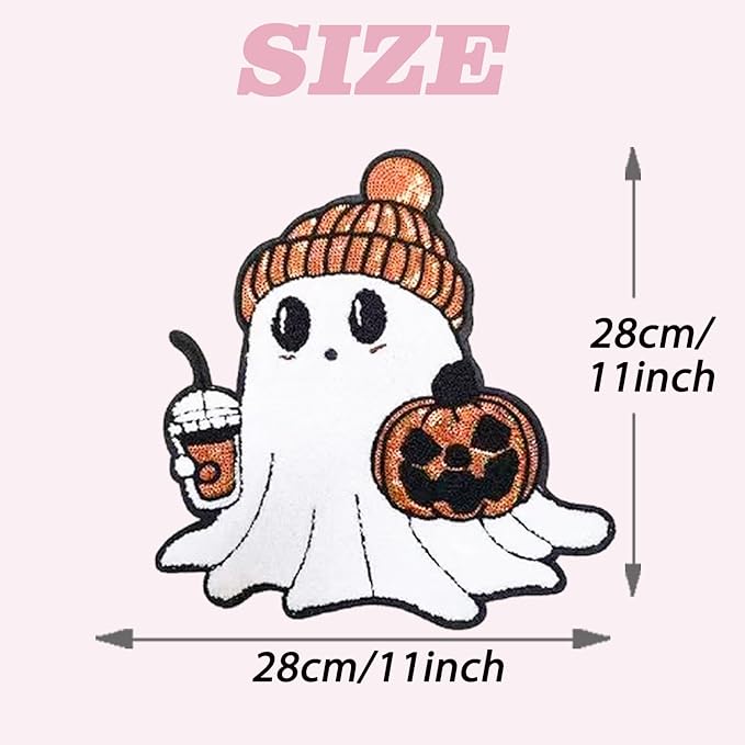 Halloween Ghost Iron on Patches Pumpkin Chenille Embroidery Sew on Stickers Applique for DIY Crafts T Shirt Clothing Jackets Backpacks Jeans Party Decorations Accessories