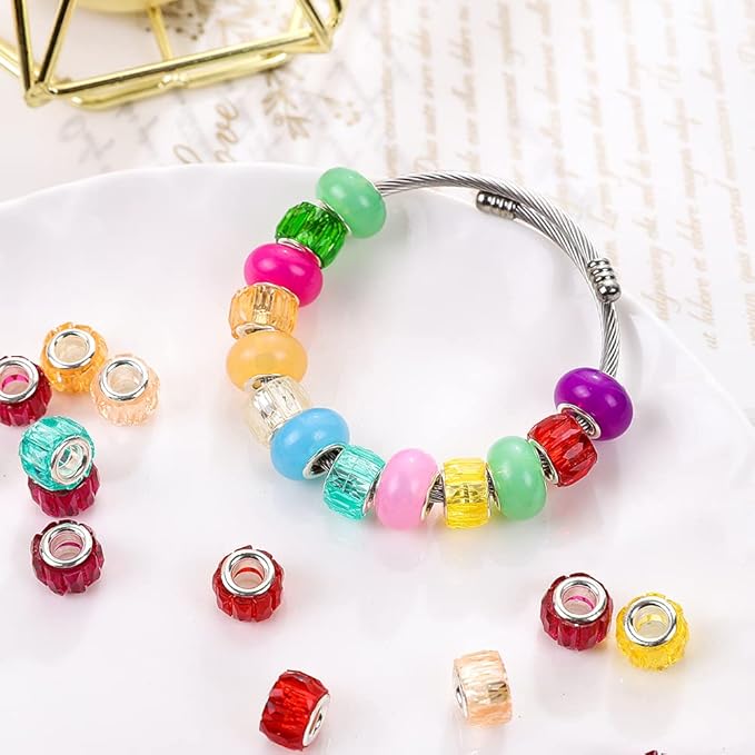100 Pieces 14mm European Large Hole Spacer Beads Mix Color with Silver Brass Cores Assortments Charm Lampwork Beads Supplies for Necklace Bracelets Jewelry Making (Baguette Diamonds)