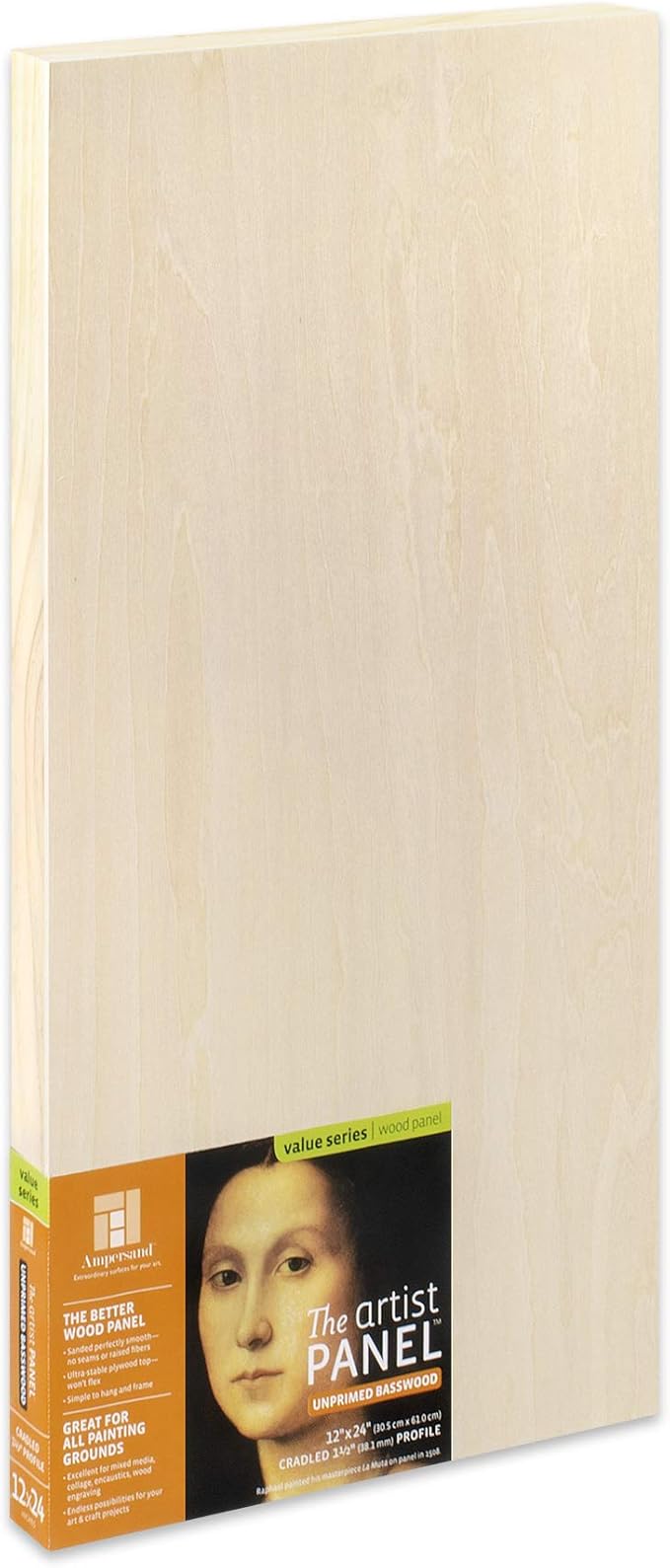Ampersand Art Supply Unprimed Basswood Artist Panel, 1-1/2" Cradled Profile, 12"x24"