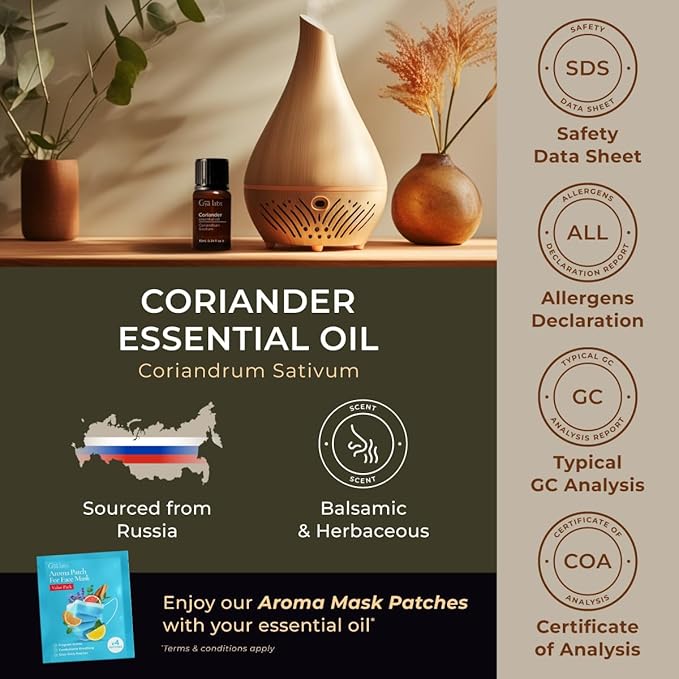 Gya Labs Coriander Essential Oil - 0.34 Fl Oz - for Hair, Skin, Diffuser, Aromatherapy & DIY Candle Making Scent
