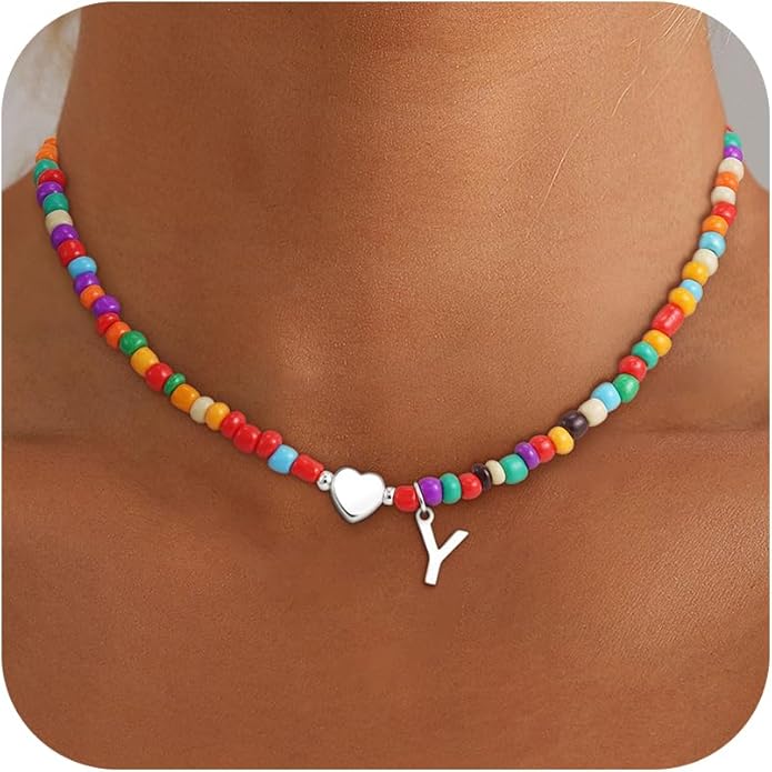 Christmas Gifts for Grandkids Teens Girls - Colorful Beaded Initial Necklace Teen Girl Gifts Trendy Stuff Dainty Letter Choker Necklace Stocking Stuffers for Teen Girls Women Jewelry