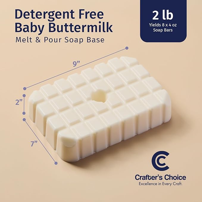Crafter's Choice Detergent Free Melt and Pour Soap Base for Soap Making and DIY Crafting Projects, SLS/SLES Free, 2LB Block (Baby Buttermilk)