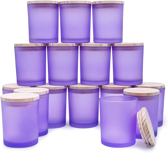 Thick Candle Jars for Making Candles 16 Pcs, 7 OZ Empty Jars with Wood Lids for Candle Making, Sample Container, Frosted Purple