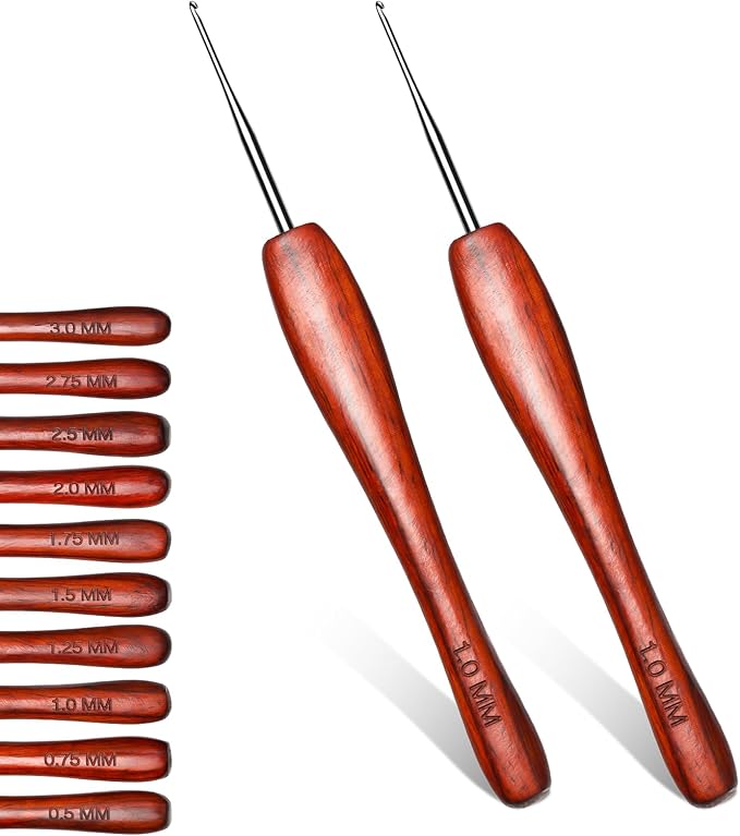 1.0 mm Crochet Hook, Available in 0.5 mm- 3 mm, Ergonomic Hand-Polished Wooden Handle Crochet Hook for Arthritic Hands, for Beginners, and Crocheting Yarn (2Pcs)